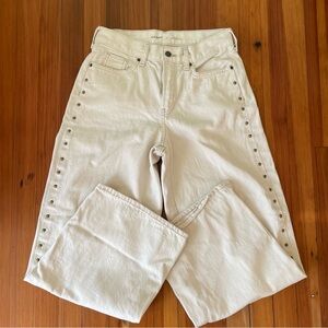 Cream Baggy Wide Leg Jeans with Studded Detail